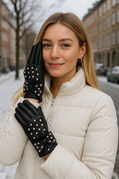 BALIENTE Siyah Suni Deri Kurdela Detaylı Kadın Eldiven