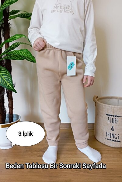 VİP BERA TEKSTİL Çocuk Açık Vizon Kışlık Şardonlu 3 Iplik Paçası Lastikli Eşofman Altı