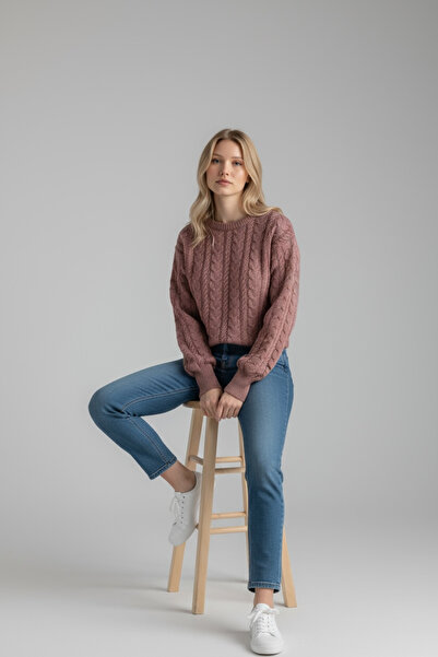 NEWCO Knit Detailed Patterned Loose Knitwear Sweater Crew Neck Comfortable Fit Stylish Daily Model