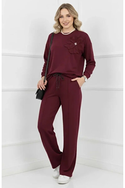 UniqueStore.ro Elegant burgundy women's suit with 3D flower