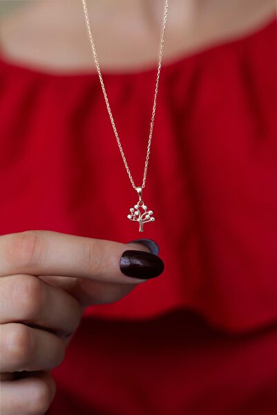 BY BARUN SİLVER Minimal Kolye Ağaç 925 Ayar Zirkon Taşlı Rose Pembe Gümüş Zincir Kolye