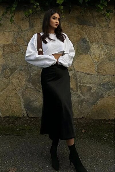 KaSheHa Siyah Lüks Kalite Fermuarlı Yüksek Bel Saten Etek 91 Cm