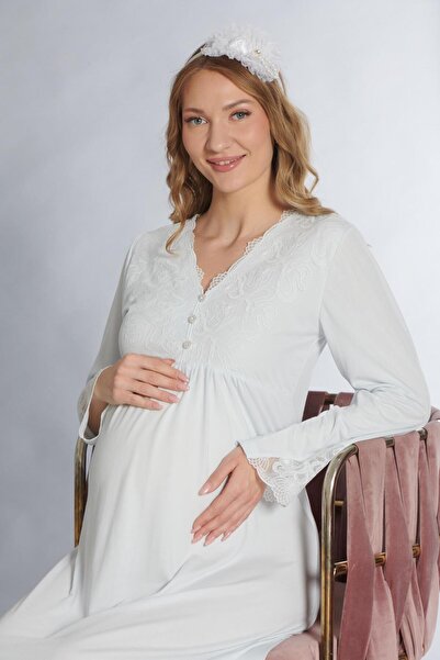 FLZ LOHUSA HAMİLE GECELİK UZUN KOL DANTEL DETAYLI EMZİRME VE HASTANE ÇIKIŞI 2...