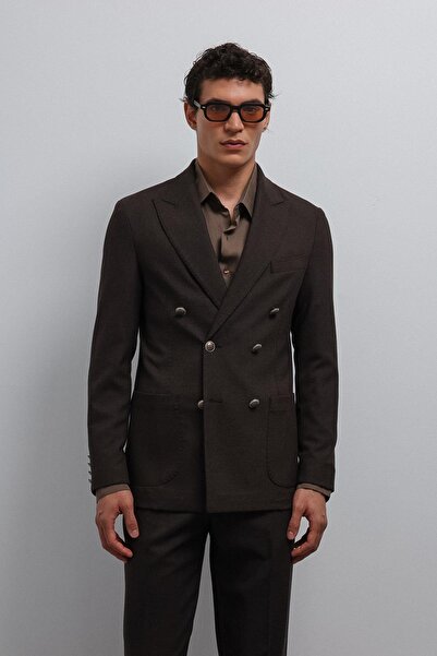 Antioch Kahve Astarsız Kruvaze Erkek Blazer Ceket