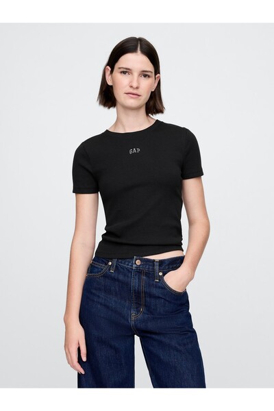 GAP Kadın Siyah Modern Kısa Logo tshirt