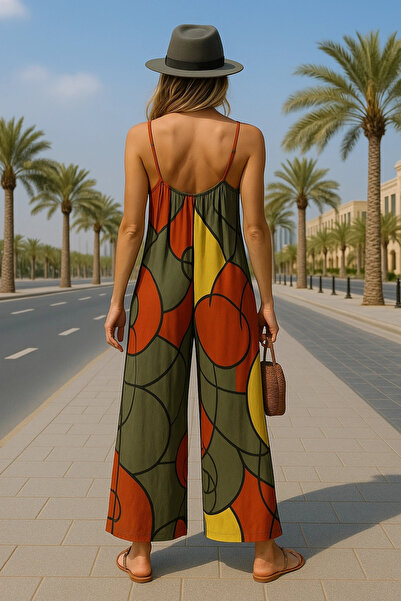 Jessica Dafer Olgam Çiçek Dsenli Spagetti Askılı Tulum, Bahar ve Yaz İçin Şık Kolsuz Geniş Bacaklı Tulum