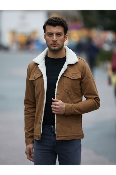 comstar Men's Trendy Winter Fur Lined Denim Jacket Camel