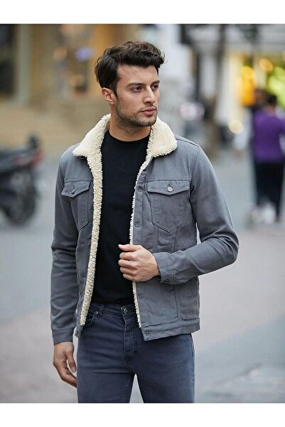 comstar Ανδρικό Trend Χειμερινό Τζιν Μπουφάν με Γούνα Εσωτερικά Γκρι