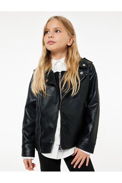 Koton Fermuarlı Kruvaze Yaka Uzun Kollu Biker Deri Ceket