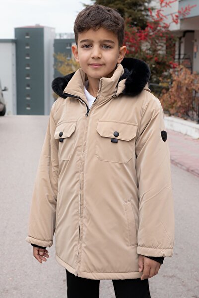 Cansın Mini Beige Snap Fastener Chest Pocketed Fur Lined Boy's Hooded Coat21352