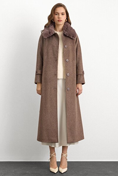 Olcay Fur Collar Detachable Fur Moher Long Coat Latte 3151