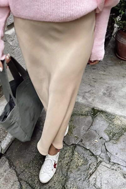 KaSheHa Vizon Beli Fermuarlı Çan Model Saten Etek 91 Cm