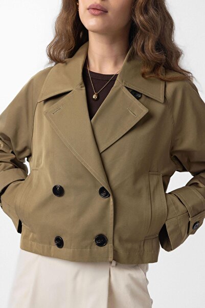 Antioch Χακί γυναικεία κοντή καμπαρντίνα με διπλό στήθος