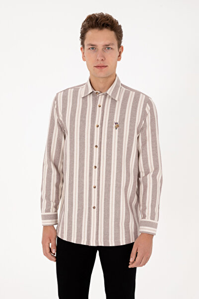 U.S. Polo Assn. Erkek Krem Çizgili Uzun Kollu Kahverengi Gömlek 50316546-VR233