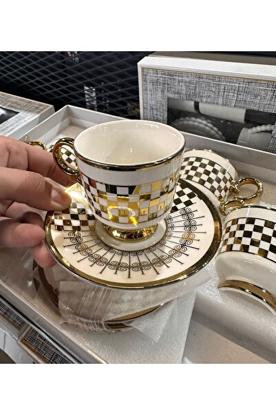 Tekbir Kare Desenli Gold Fincan Takımı