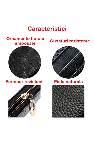 OptimStar Women's wallet, genuine leather, embossed floral ornaments, 19x9x2.5cm, Black