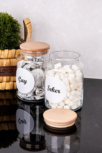 DNS HOME 2-Piece Glass Jar with Bamboo Lid Tea & Sugar Storage Container Glass Jar Set with Labels 800 ml