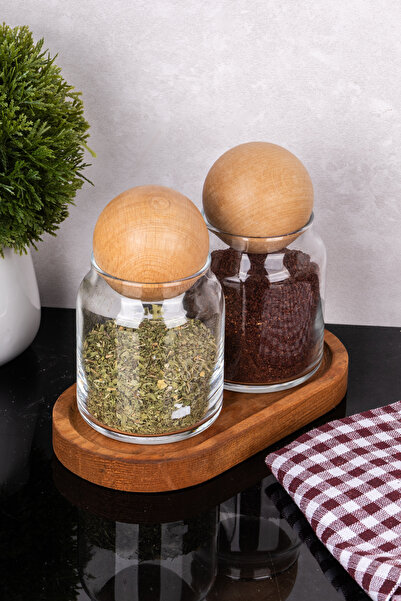 DNS HOME 2-Piece Glass Jar Set with Wooden Ball Lid Spice Bowl Set Glass Spice Bowl with Wooden Stand 300 ml