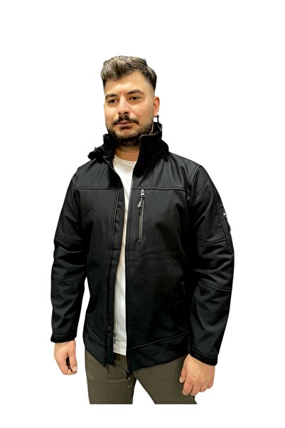 canan erman dolunay iş güvenliği ekipmanları Black Softshell Hooded Fleece Jacket (Wind & Water Resistant)
