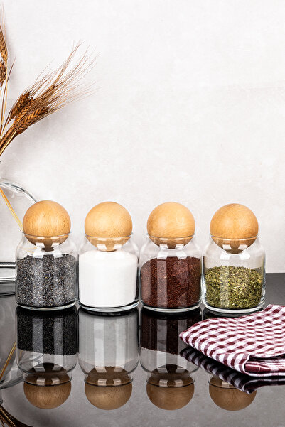 DNS HOME 4 Piece Glass Jar Set with Wooden Ball Lid Spice Jar Set 300 ml