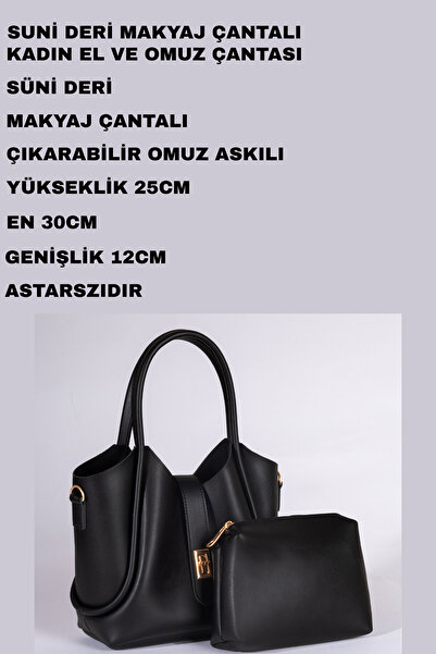 macsoo Geantă de mână și de umăr neagră pentru femei, din piele artificială, cu curea cu cataramă de fier și geantă de machiaj cu curea dublă