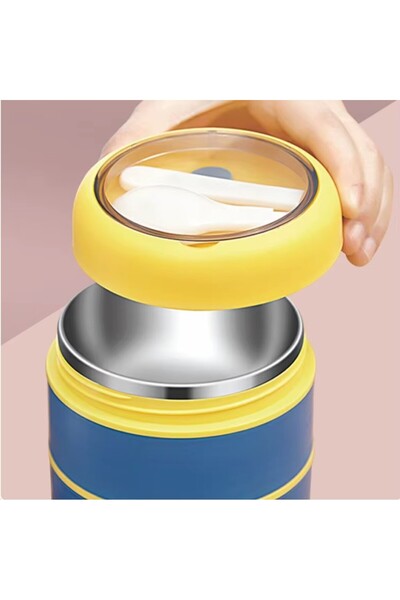 Tantitoni Paslanmaz Çelik Yuvarlak 2 Katlı Kaşıklı Yemek Taşıma Kabı 710ml Mavi