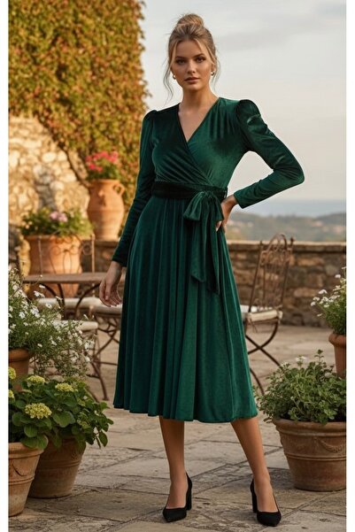 Bersi Butik Σμαραγδένιο Πράσινο Καρπούζι Φόρεμα με διπλό στήθος με βελούδινη ζώνη