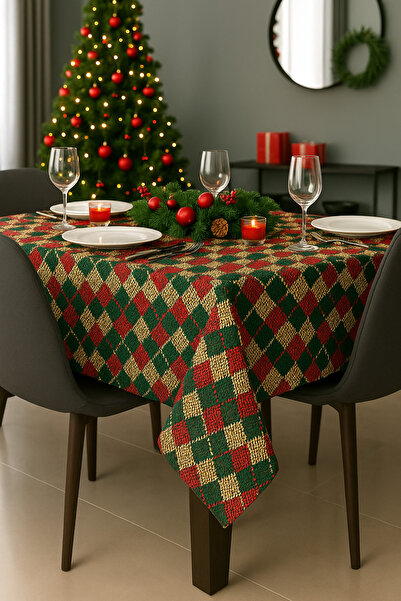 Soft Kare Yılbaşı Temalı Keten Dokulu Sıvı Geçirmez Masa Örtüsü – Şık ve Dayanıklı