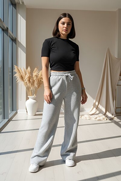 MUVIANCE Kadın Grimelanj Yüksek Bel Bol Paça Eşofman Altı – Beli Lastikli 3 İplik Kalın Kumaş Rahat Günlük