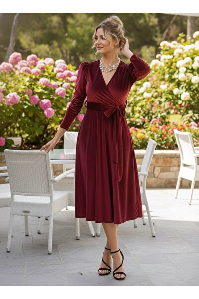 Bersi Butik Φόρεμα Βουργουνδίας Καρπούζι με διπλό στήθος με βελούδινη ζώνη