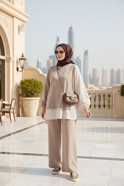 Aselim Hijap Moda Ριγέ πουκάμισο Λεπτομερές Τουνίκ Διπλό Σετ |   Μπεζ με τσέπες, φαρδιά πόδια και τουνίκ