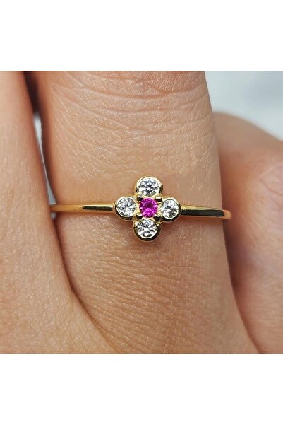 FasekGold Gümüş Yüzük - Minimal Papatya Ruby Taşlı (Lal Taşı) 925 Ayar Gümüş Yüzük