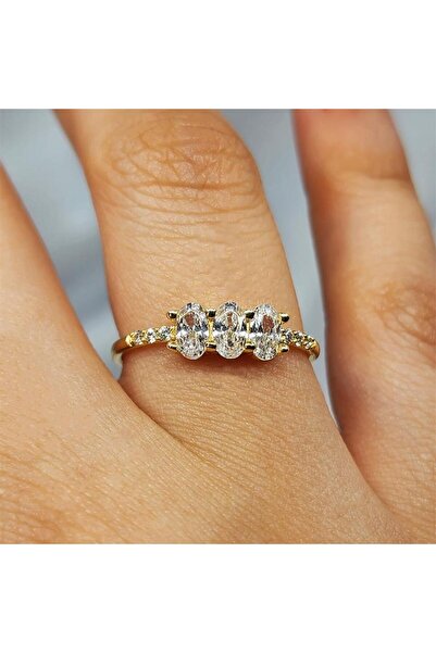 FasekGold Gümüş Yüzük - 0.60 Karat Zirkon Oval Taşlı Tria Fantezi 925 Ayar Gü...