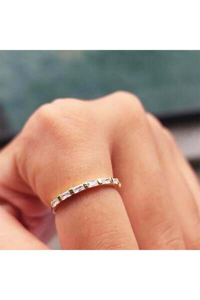FasekGold Gümüş Yüzük - Zirkon Taşlı Sıralı Baget Modern 925 Ayar Gümüş Alyans-Modern Eklem Yüzüğü