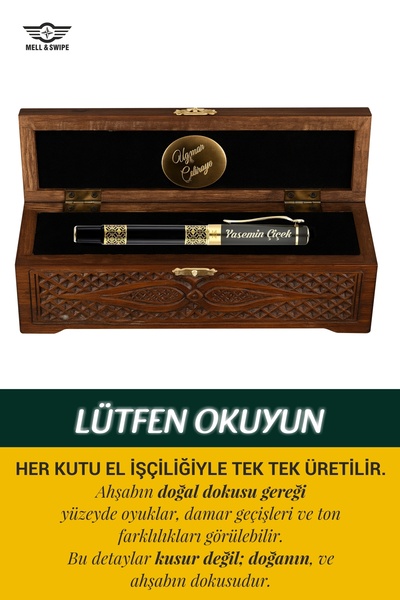 MELL & SWIPE Kişiye Isme Özel Baskılı Ahşap Oyma Kutulu Lüks Hediyelik Prestij Şık Roller Kalem Set Siyah