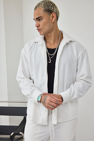 İLKCET MODA Cămașă albă supradimensionat din catifea pentru bărbați