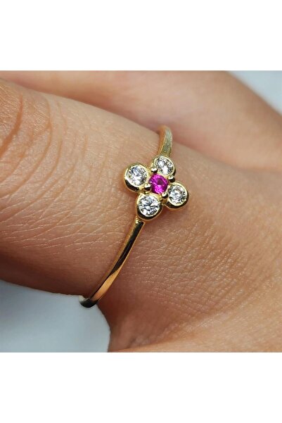 FasekGold Gümüş Yüzük - Minimal Papatya Ruby Taşlı (Lal Taşı) 925 Ayar Gümüş Yüzük