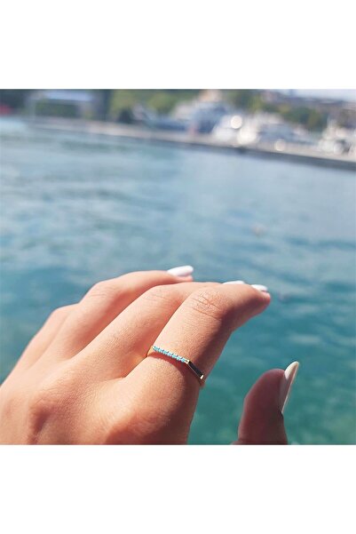 FasekGold Gümüş Yüzük - Altıgen Sıra Çizgi Firuze Taşlı 925 Ayar Gümüş Alyans