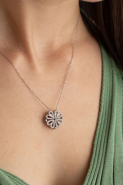 Silvano Jewelry Gümüş Kaplama Mıknatıslı Ayrılabilir 4 Kalpli Yonca Kolye