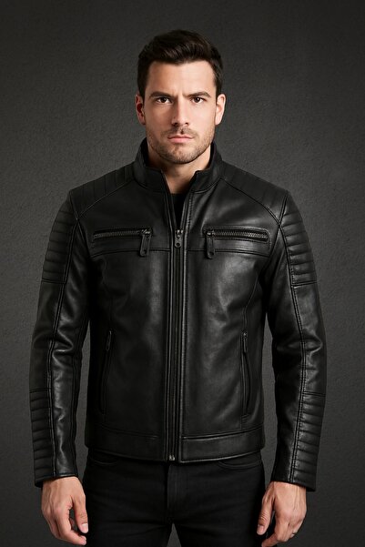 EVASİM Genuine Leather Men's Scalloped Leather Coat (Black)