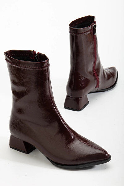 Halloween Kadın Bordo Sivri Burun Bot Kırışık Rugan Günlük Bot Boots