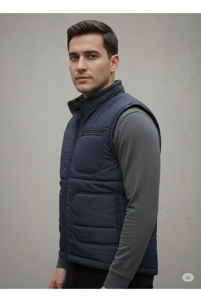 wontilotte Чоловічий синій жилет з флісовою підкладкою, водонепроникний жилет з 4 кишенями