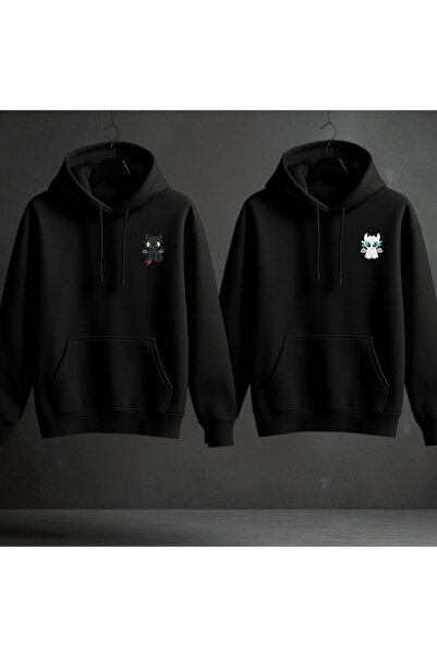 IV QUATTUOR سويت شيرت للزوجين ليلاً ونهارًا أسود بغطاء رأس قصة فضفاضة 3 خيوط ...