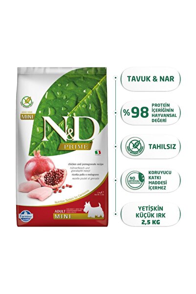 N&D Prime Tavuklu Narlı Küçük Irk Tahılsız Yetişkin Köpek Maması 2,5 Kg SKT:12/2027S