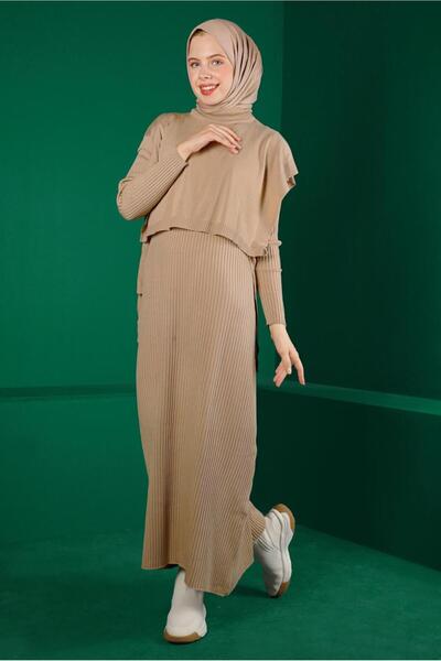 Alvina Πλεκτό Διπλό Φόρεμα με Πλισέ Λεπτομέρεια Δεσίματος - 43199