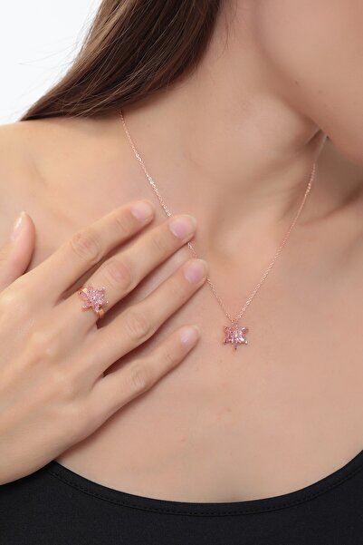 Bijuty Kadın Lotus Çiçeği Pembe Kolye ve Yüzük Set - Altın Rose Renk 2'li Tak...