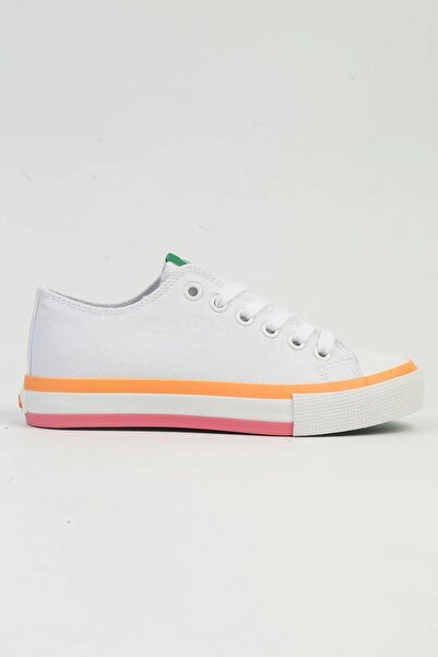 Benetton New Season White Orange Linen Women's Sneakers - Original