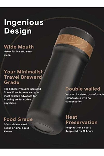 Bukela Classic Portable French Press Coffee & Tea Mug 12 oz, Stainless Steel, BPA Free