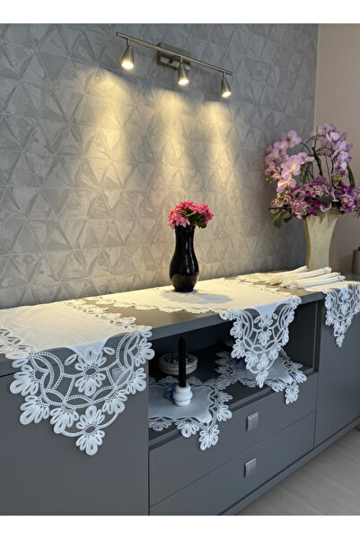 Valora Concept طقم غرفة معيشة فاخر من 5 قطع من الكتان بنمط الغاردينيا الفرنسي المزخرف بالدانتيل