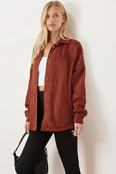 armonika Women's Brick Quilted Lined Velvet Jacket with Pockets ARM-24K001062